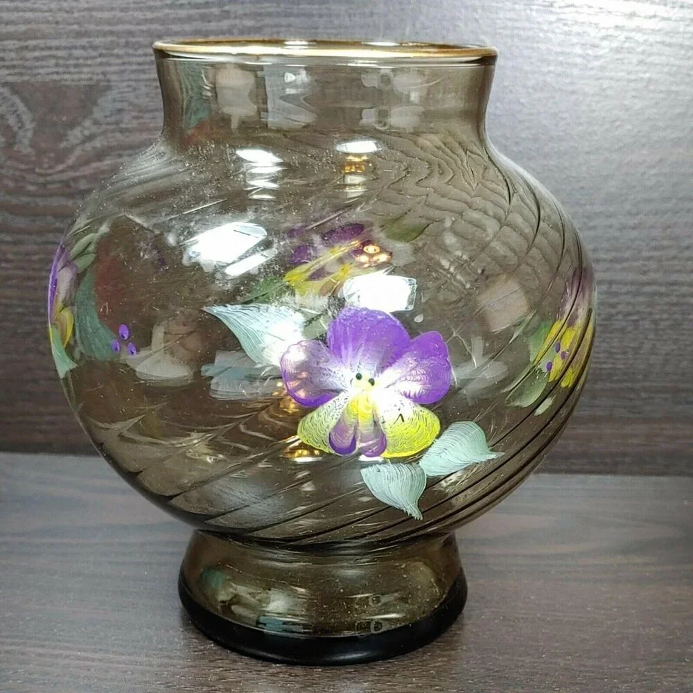 Hand Painted Floral Swirl Ribbed Gold Rim Brown Glass Vase Vintage Local Artist